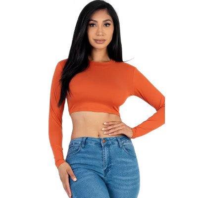 Slickblue Women's Long Sleeve Cropped Top, Crew Neck, Stretch Jersey, Casual Fit, Mango, Size L | Target
