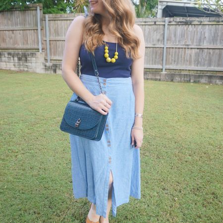 Blue, blue and a little more blue with a tiny touch of chartereuse! Deep teal Rebecca Minkoff Love Too bag again with a navy tank and blue linen midi skirt 💙

#LTKaustralia #LTKitbag