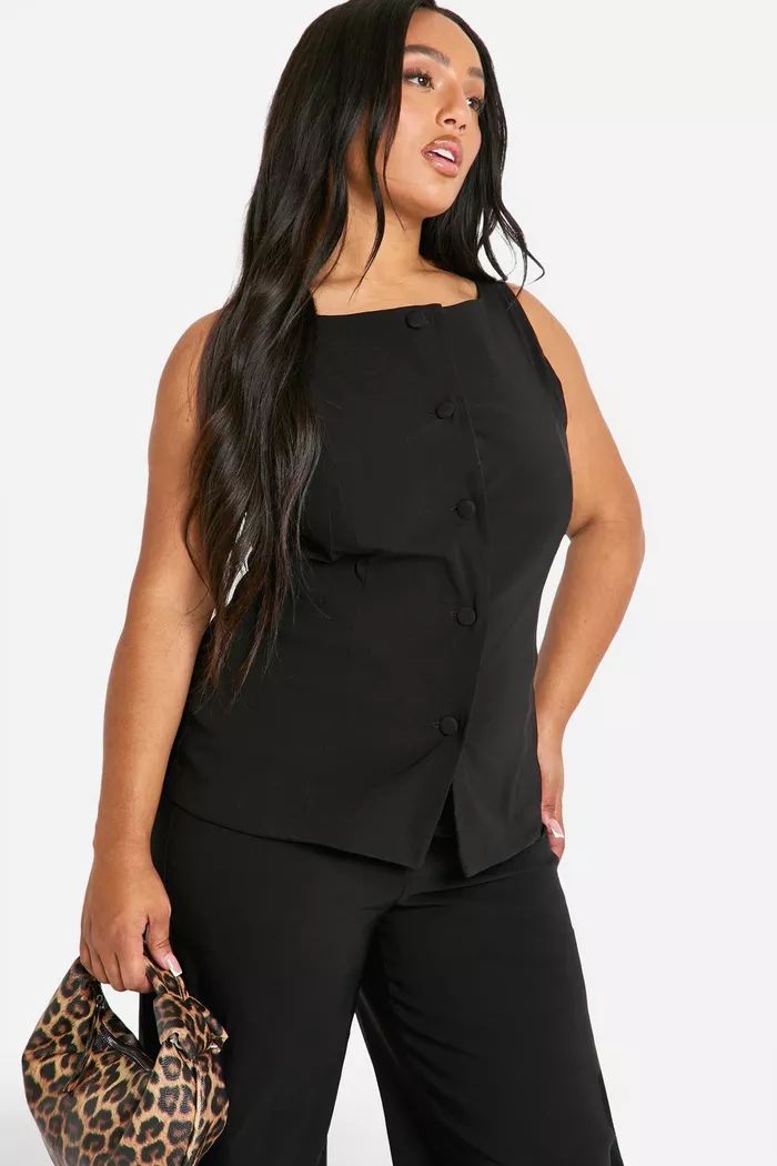 Plus Super Stretch Fitted Long Line Waistcoat & Wide Leg Trousers | boohoo (US & Canada)