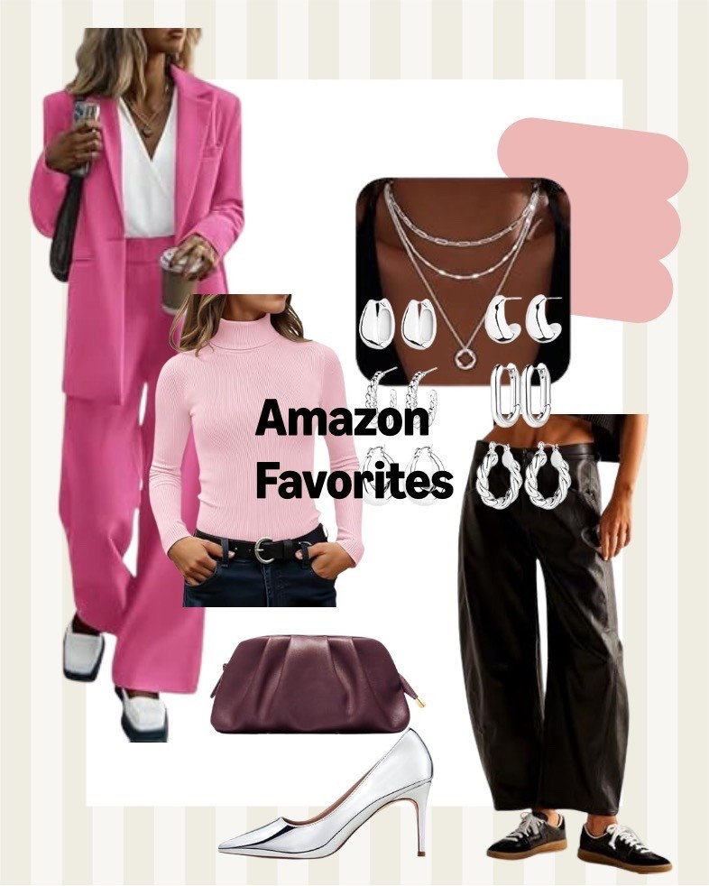 Fall fashion outfit idea: faux leather pants with pink turtleneck top, pink oversized jacket, add silver pumps and silver necklace with massive silver earrings ✨don’t forget purple or burgundy red clutch 

#LTKSeasonal #LTKStyleTip #LTKFindsUnder50