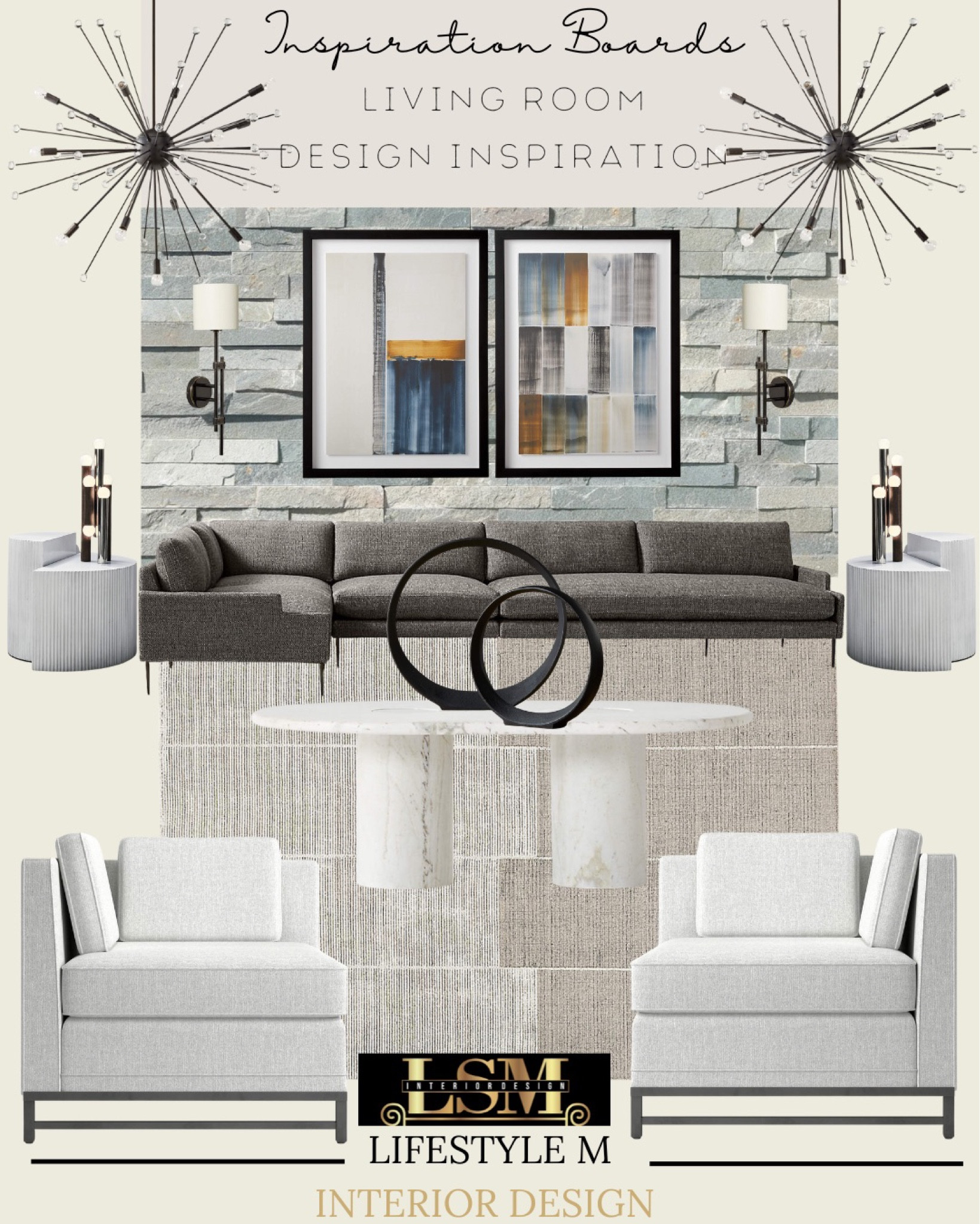 Living room inspiration! Perfect for transitional style homes. Black gray sectional, living room rug, white end tables, white accent chairs, white round coffee table, table decor, table lamp, pendant lights, wall sconce lights, stone wall accents, wall art.

#LTKstyletip #LTKSeasonal #LTKhome