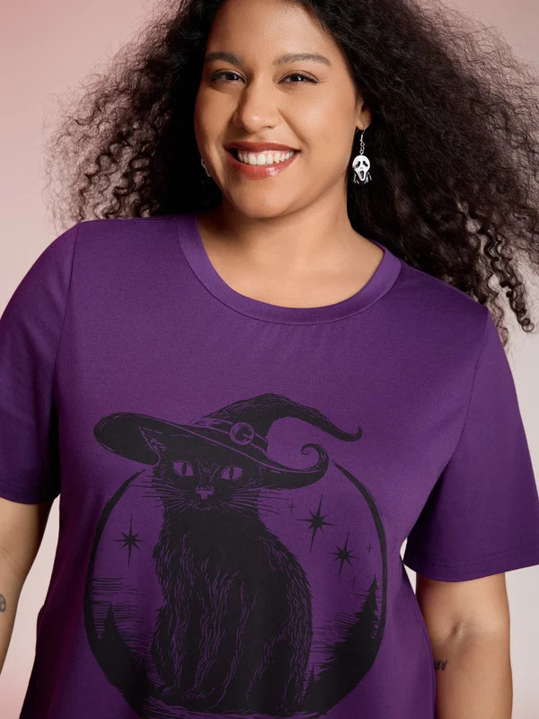 Bewitched Cat Printed Crew Neck T-shirt | Bloomchic