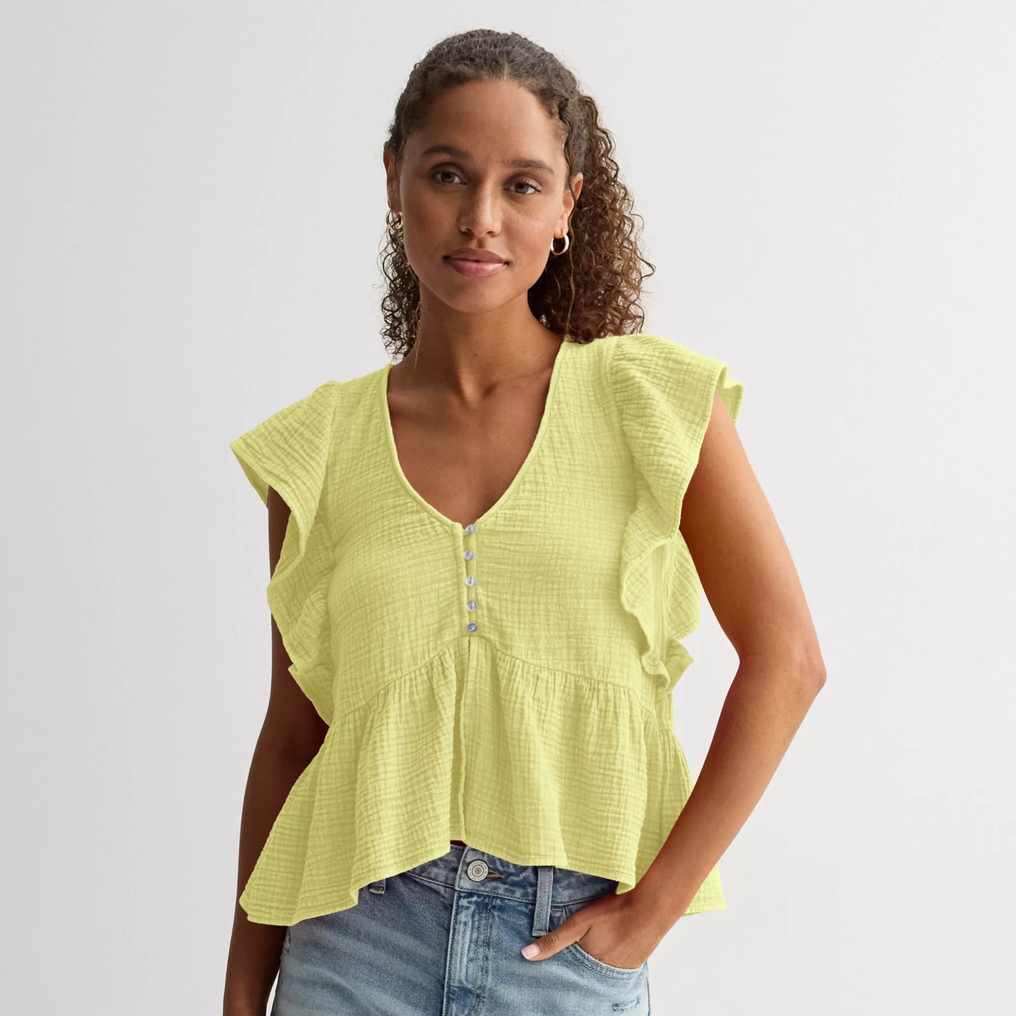 Juniors' Rewind Textured Button Front Ruffle Top | Kohl's