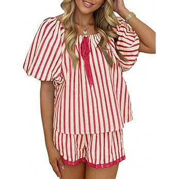Tankaneo Womens Summer Striped 2 Piece Short Sets Short Puff Sleeve Scoop Neck Babydoll Blouse Va... | Amazon (US)
