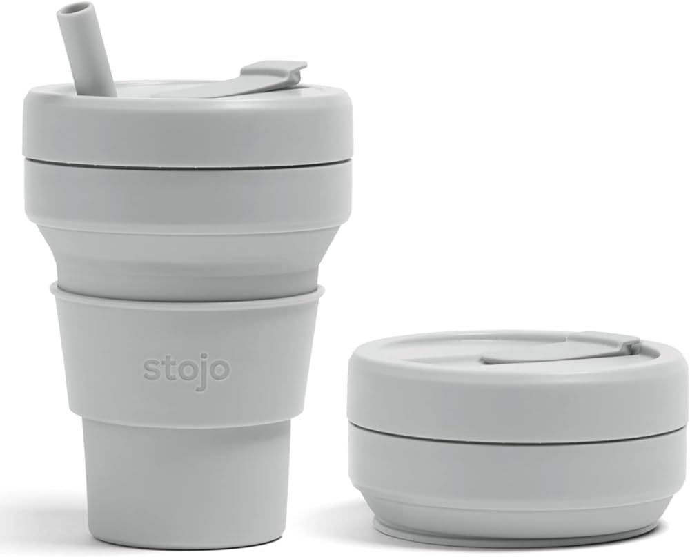 STOJO Collapsible Travel Cup With Straw – Cashmere Gray, 16oz / 470ml - Reusable To-Go Pocket S... | Amazon (US)