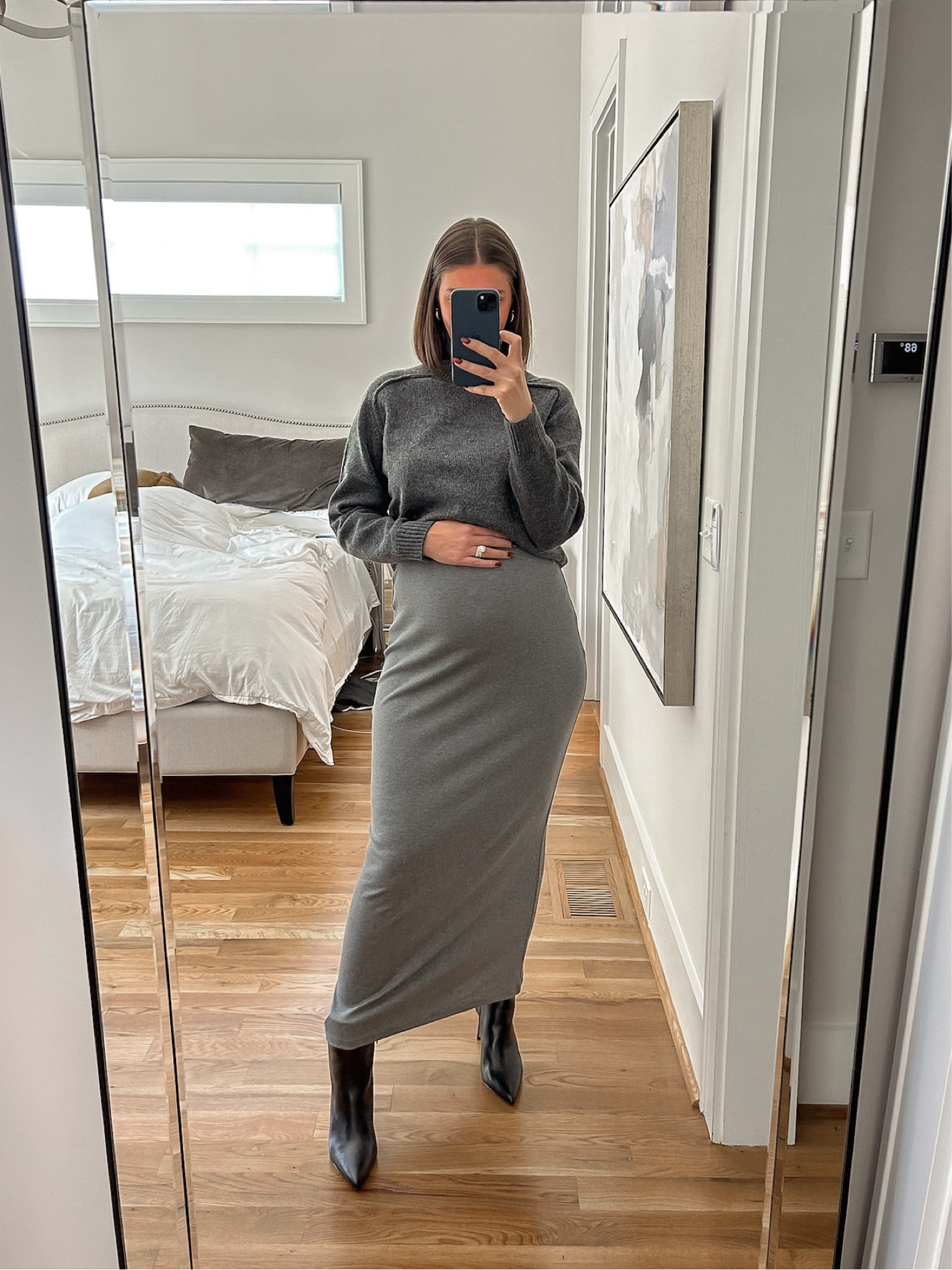 Maternity outfit inspo - bump friendly. Size medium in the skirt, size small in the mock neck turtleneck sweater. 

#LTKStyleTip #LTKFindsUnder100 #LTKBump