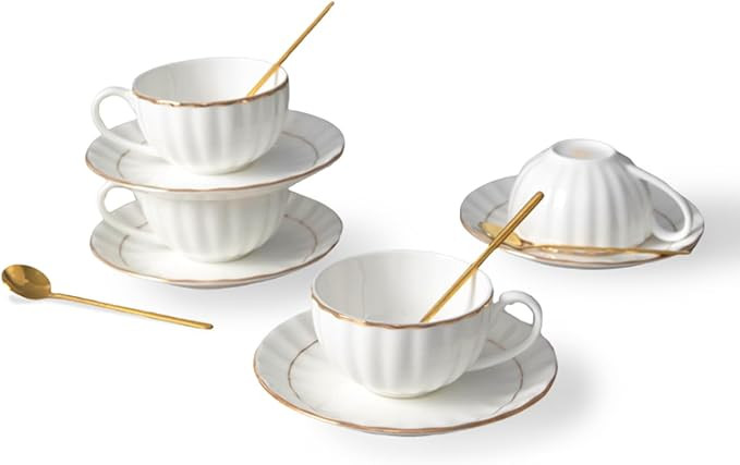 Bone China Tea Cups and Saucers Set (6 oz, Set of 4) – White Luxury Fine Porcelain Mugs for Tea... | Amazon (US)