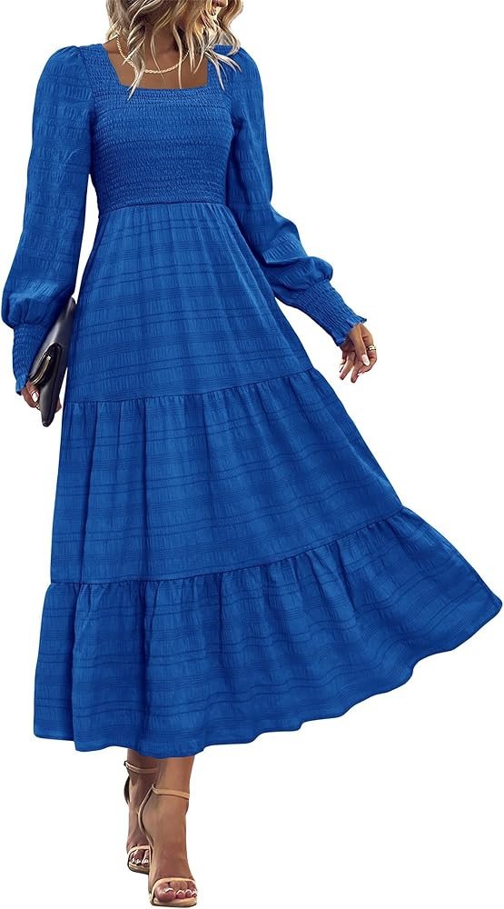 KIRUNDO Women Fall Wedding Guest Dress Elegant Puff Long Sleeve Smocked Empire Waist Swing Flowy ... | Amazon (US)