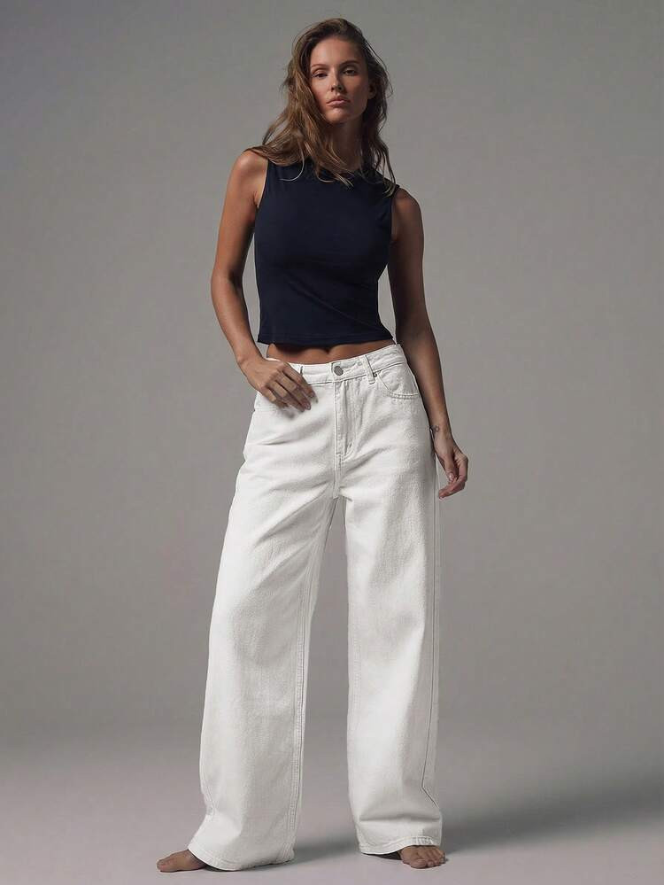 MUSERA Mid Waist Wide Leg Mid Blue Wash Silver Button Detail Denim Jeans Mid Rise Casual Fall Autumn Winter Night Out Back To School Office Work Date Night Core Denim Chic Spring Summer | SHEIN