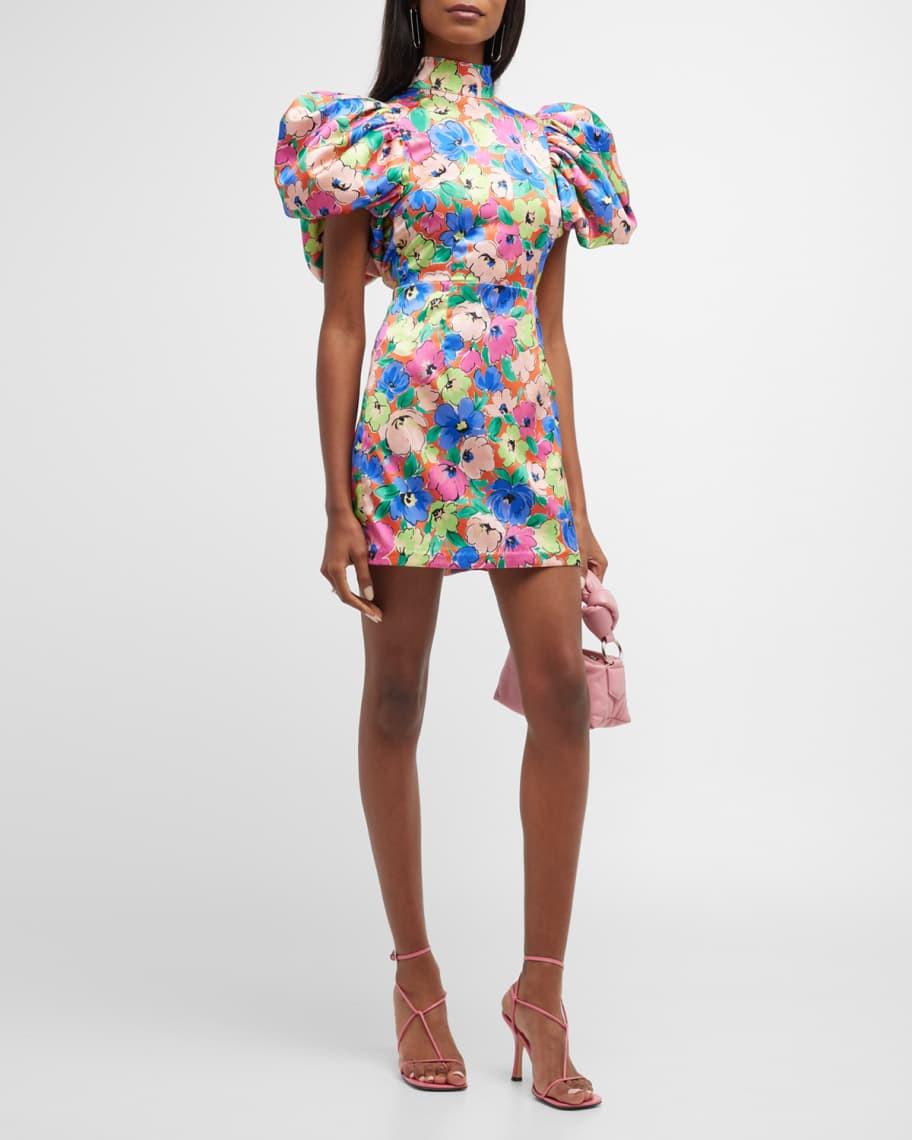 Rotate Birger Christensen Floral Puff-Sleeve Mini Dress | Neiman Marcus