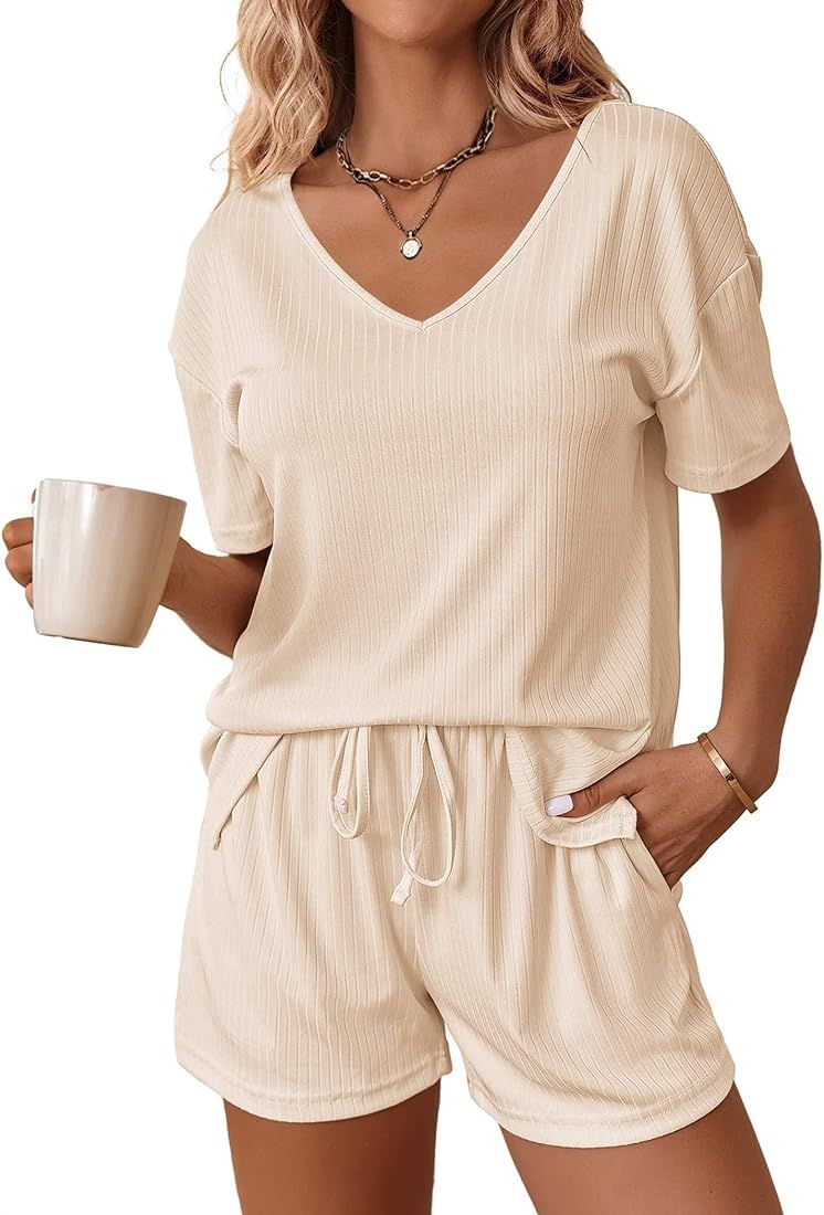 Womens Ribbed Knit Lounge Set Short Sleeve Top and Shorts Sleepwear Pajama Set Two Piece Matching... | Amazon (US)