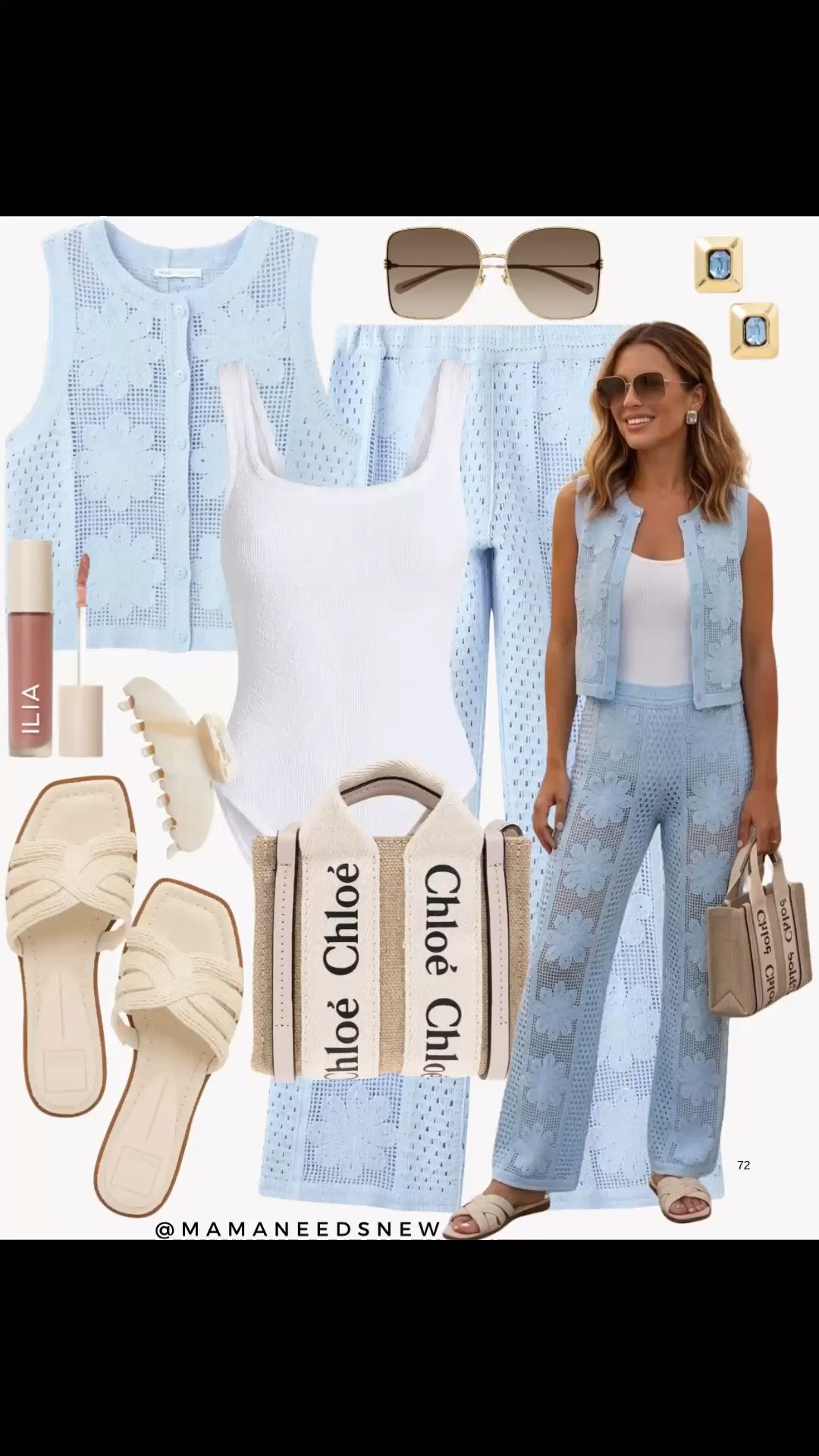 A late spring / early summer outfit/ vacation outfit with a matching crochet vest and pants set, swimsuit, mini tote bag, slide sandals 🩵🤍

#LTKootd #LTKSaleAlert #LTKSeasonal