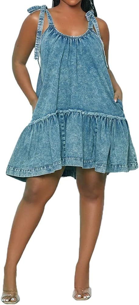 Vidifid Women Denim Cami Dress Tie Shoulder Ruffle Hem Short Dresses Babydoll Wash Jean Sundress ... | Amazon (US)