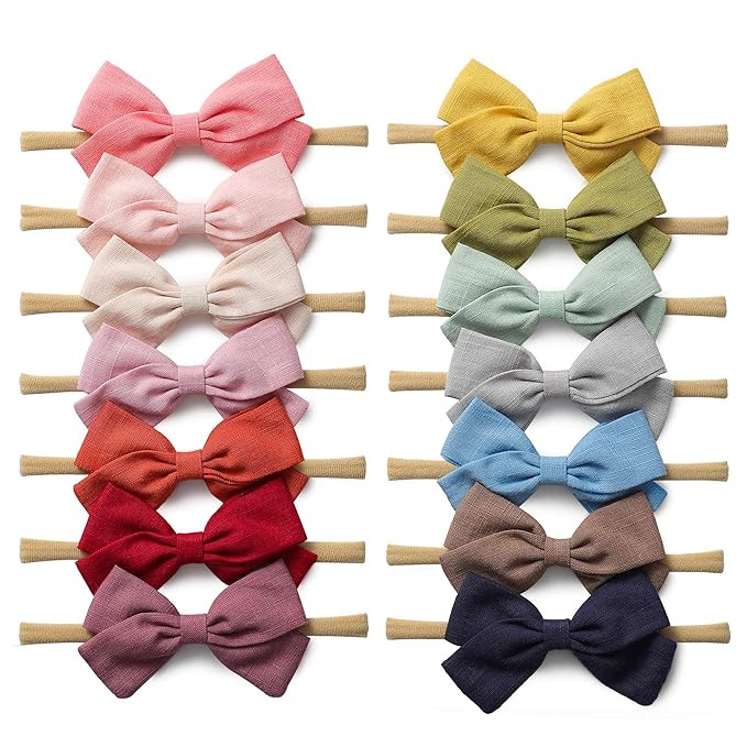 14 Pack Baby Girls Nylon Headbands Linen Hair Bows Hairbands Handmade Hair Accessories for Newbor... | Amazon (US)