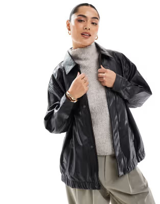 Stradivarius STR faux leather bomber jacket in black | ASOS (Global)