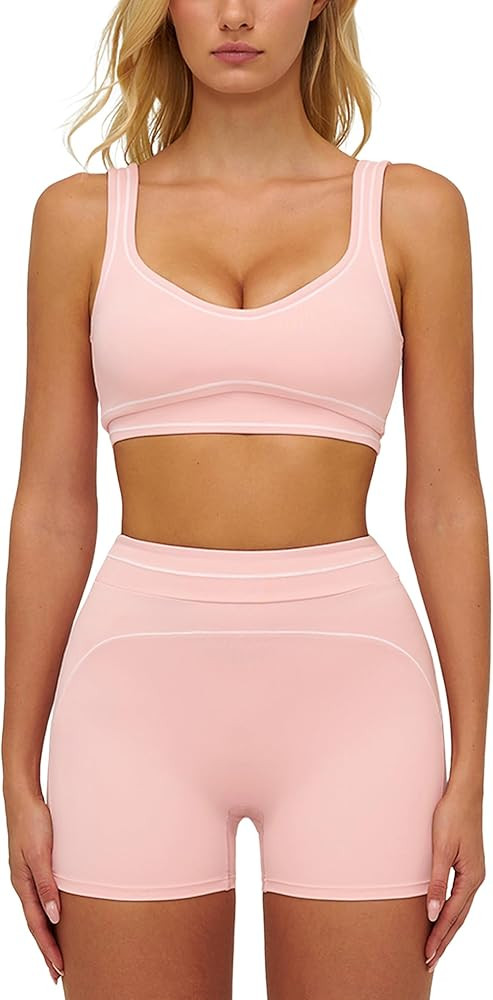 ABOCIW Womens Workout Sets Contrast Trim Sports Bra Matching High Waist Shorts 2 Piece Gym Yoga P... | Amazon (US)