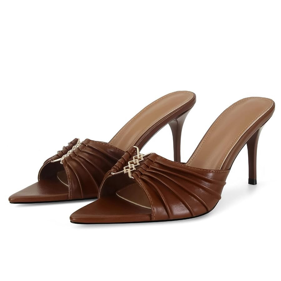 Ruched Kitten Heels for Women 3 Inch Pointed High Heels Sandals Peep Open Toe Slip on Stiletto Pu... | Amazon (US)