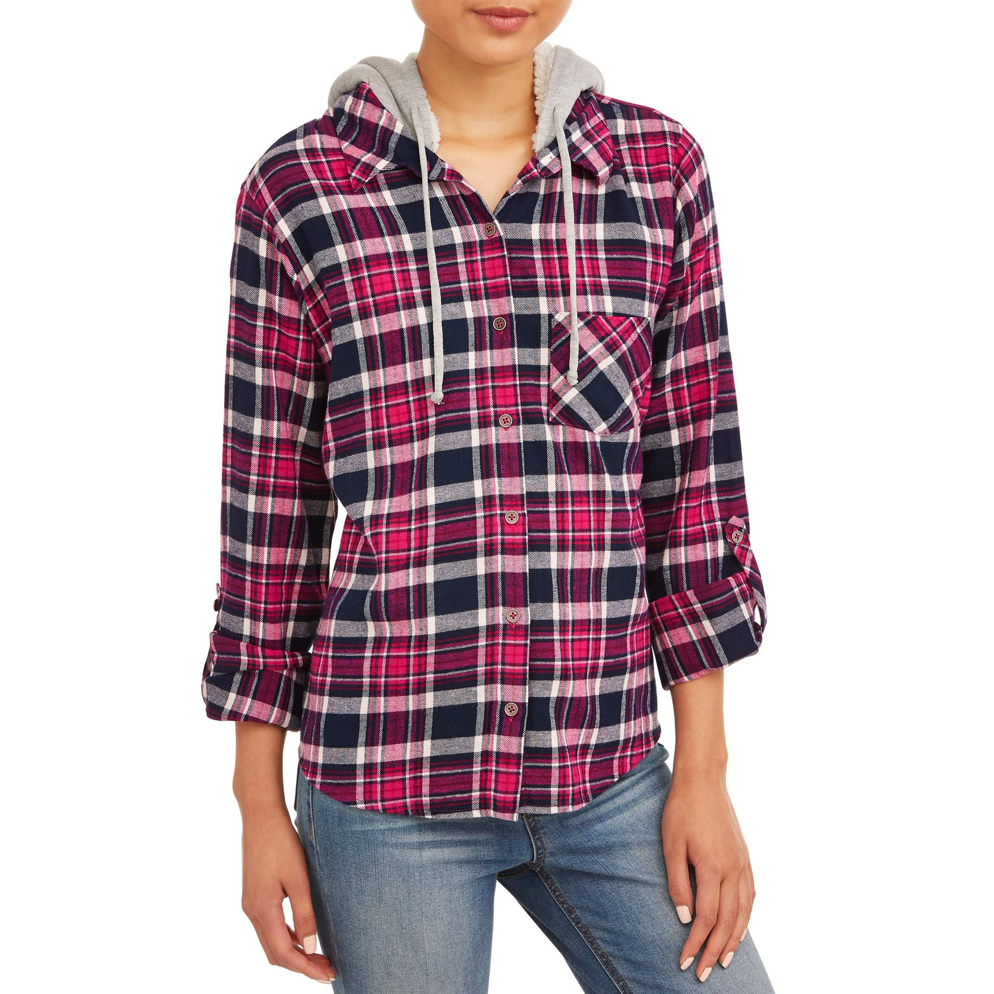 No Boundaries Juniors' Flannel Sherpa Hoodie | Walmart (US)