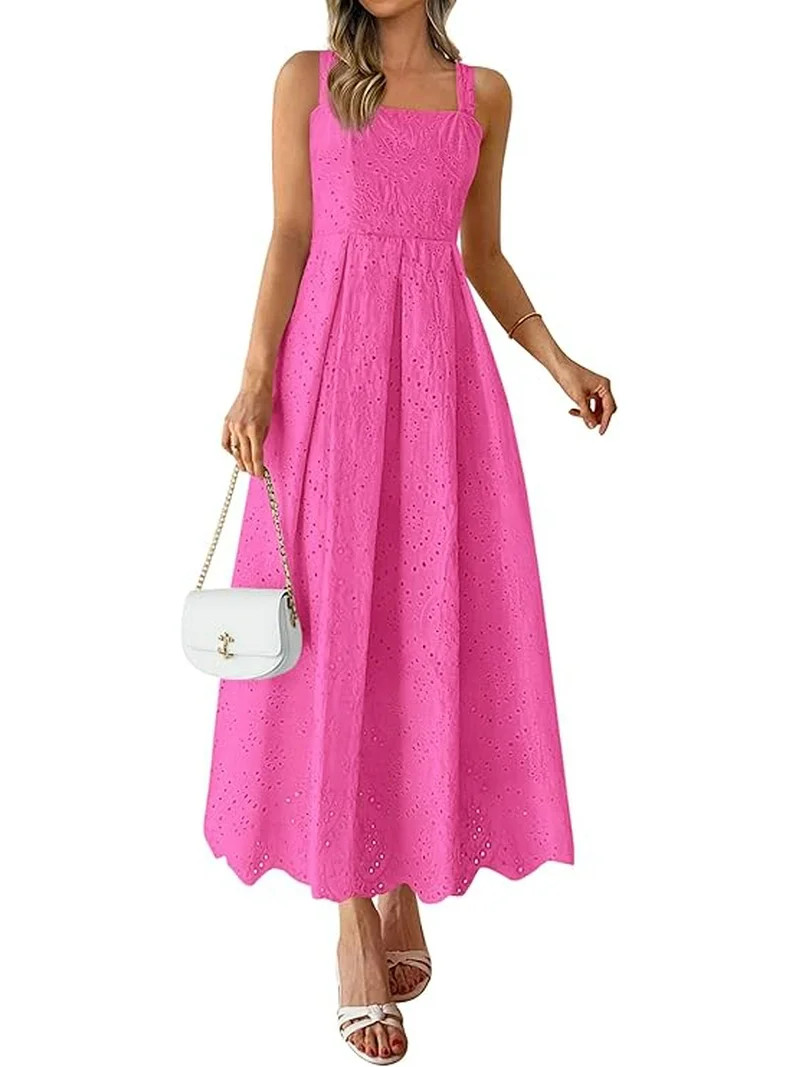 PRETTYGARDEN Womens Sleeveless Maxi Summer Dresses Hollow Out Eyelet Square Neck Ruffle Flowy Bea... | Walmart (US)