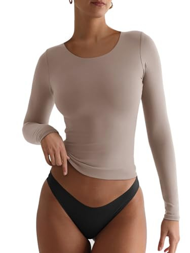 REORIA Crew Neck Long Sleeve Shirts for Women Casual Double Lined Crew Neck Crop Tops Basic T Shirt Going Out Tops Khaki Large | Amazon (US)