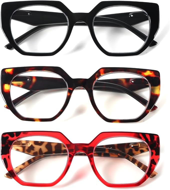 3 Pack Trendy Square Ladies Reading Glasses, Fashion Blue Light Blocking Stylish Computer Readers... | Amazon (US)