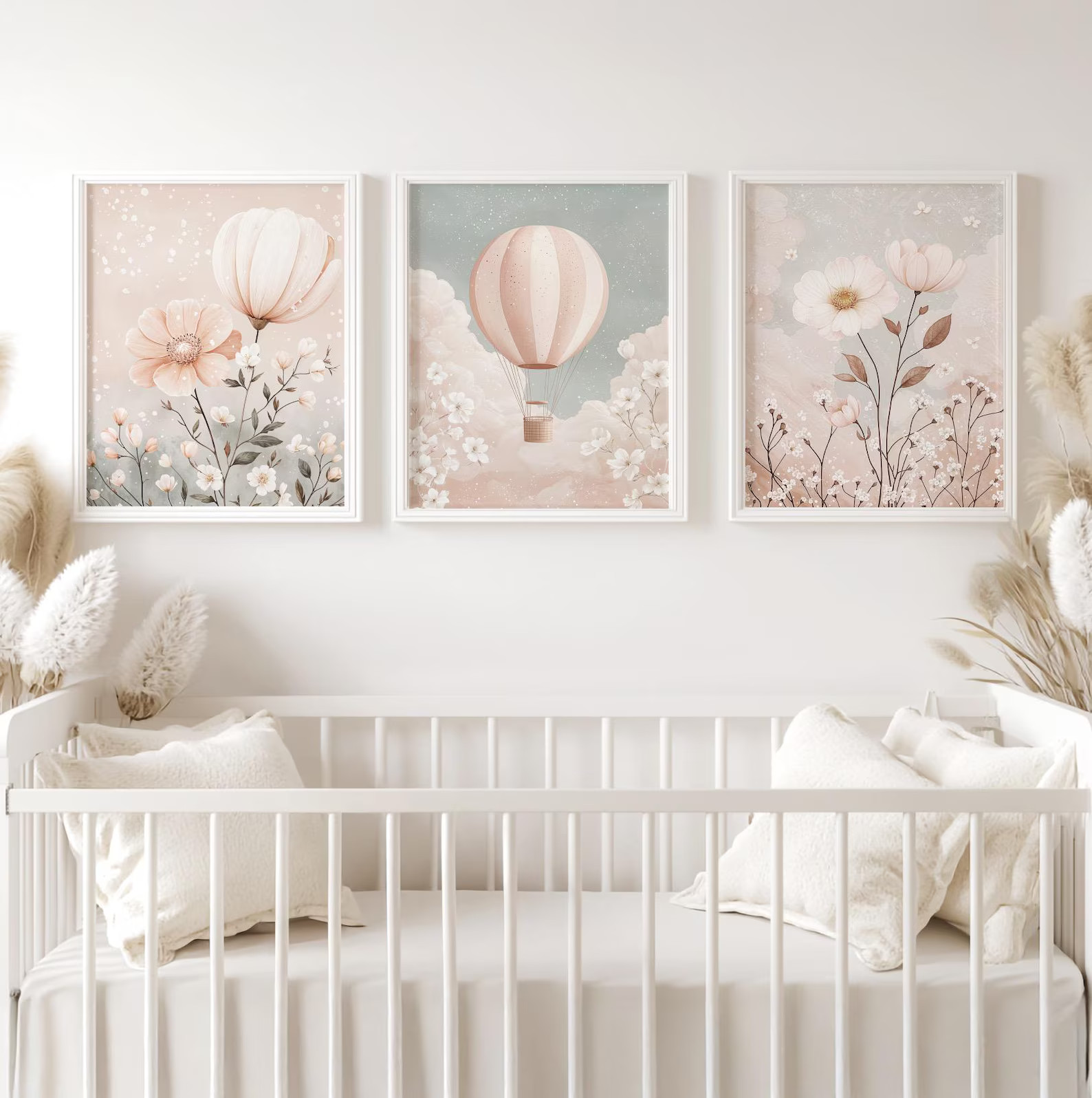 Soft Pink Muted Hues Watercolor Nursery Print Set, Wildflowers Flowers and Hot Air Balloon, Baby ... | Etsy (US)