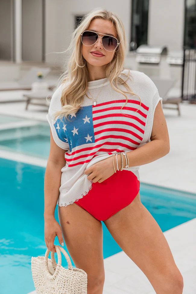 Oh My Stars And Stripes Cream Short Sleeve Flag Sweater With Distressed Hem | Pink Lily