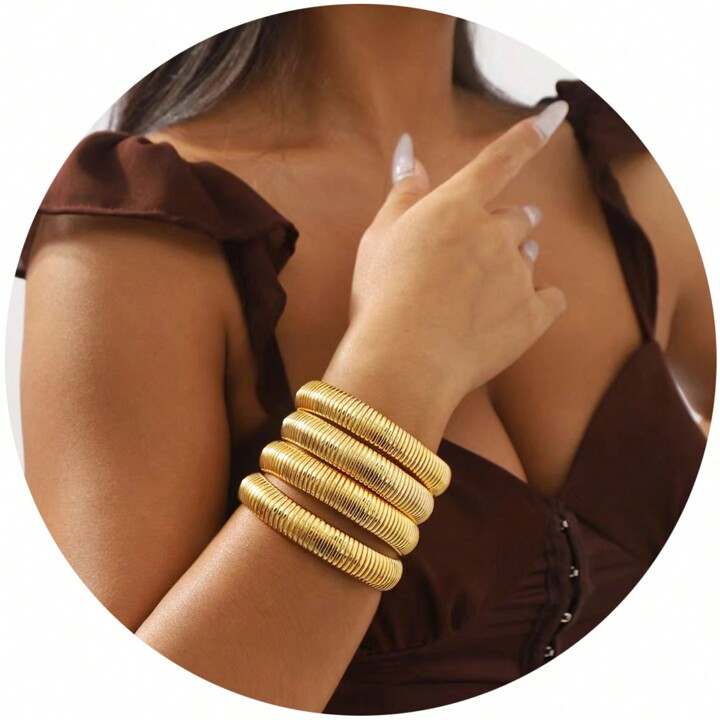 4Pcs Gold Bangle Multi-Layer Bracelets For Women Stretchy  Link Chain Bracelets Flexible Wide Wri... | SHEIN