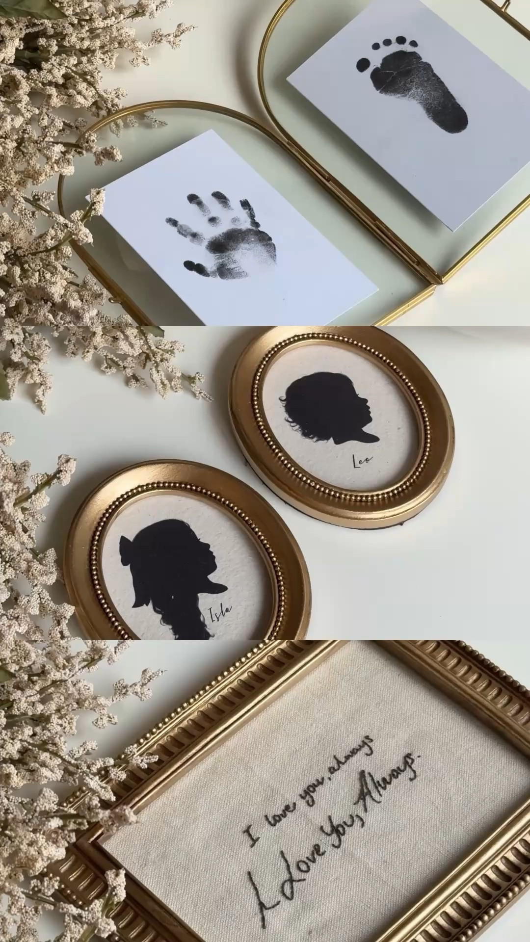 three heirloom keepsakes to display in a nursery or childhood bedroom that freeze a moment in time 🤍 

hand drawn silhouettes, hand embroidered love notes & sweet little hand and foot prints.

embroidered notes by Rowe Embroidery and custom silhouette portraits by OhHoneySilhouettes.