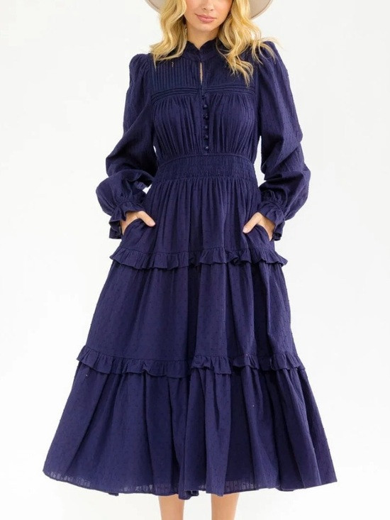 WOMEN’S LONG SLEEVE BUTTON UP ELASTIC WAIST FRONT POCKETS TIERED MIDI DRESS | Poshmark