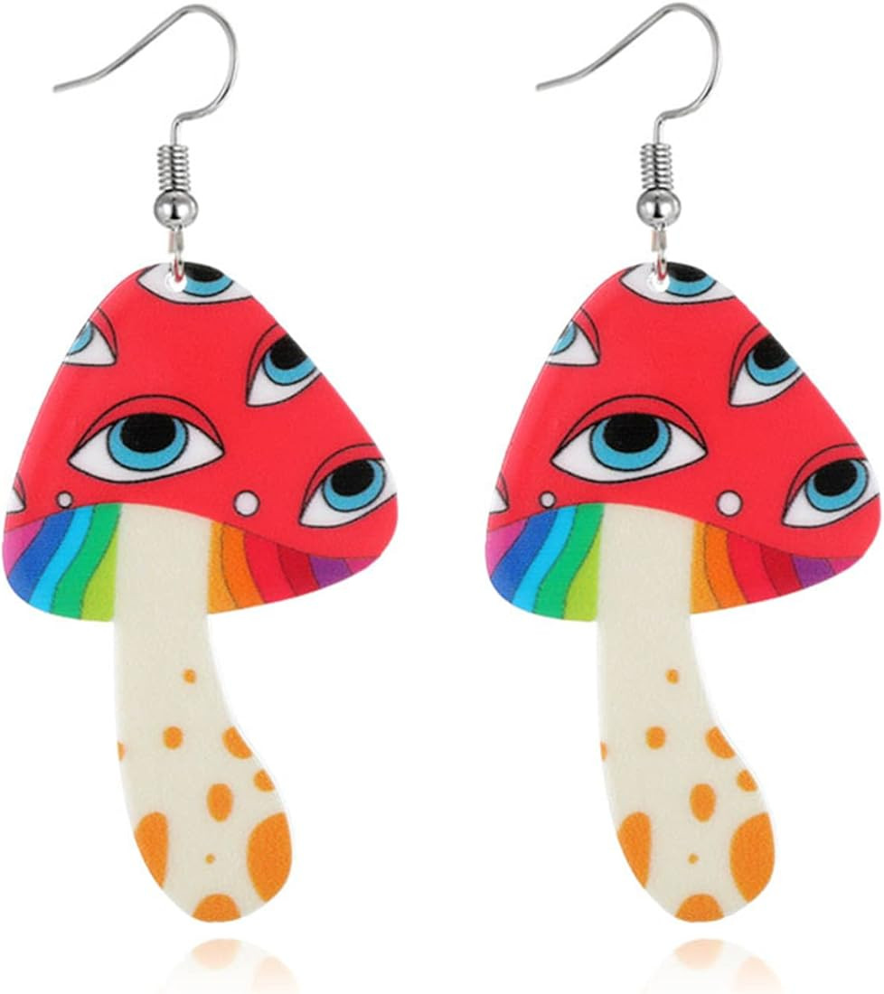 Dreuyet Acrylic Rainbow Mushroom Earrings for Women Cute Weird Earrings Creative Funny Earrings C... | Amazon (US)