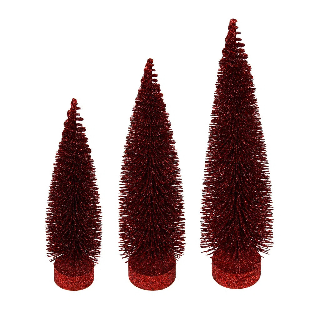 12"-14"-16" Burgundy Glitter Oval Pine Artificial Christmas Tree, Set of 3 | Wayfair North America
