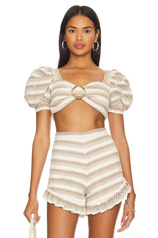 PatBO Puff Sleeve Cropped Top in Natural from Revolve.com | Revolve Clothing (Global)