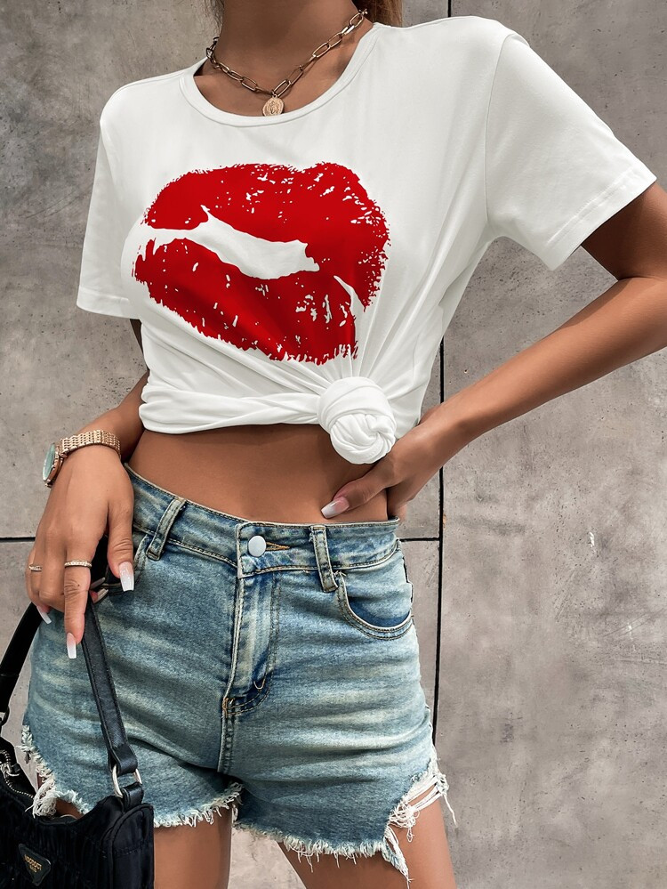 Lip Print Round Neck Tee | SHEIN