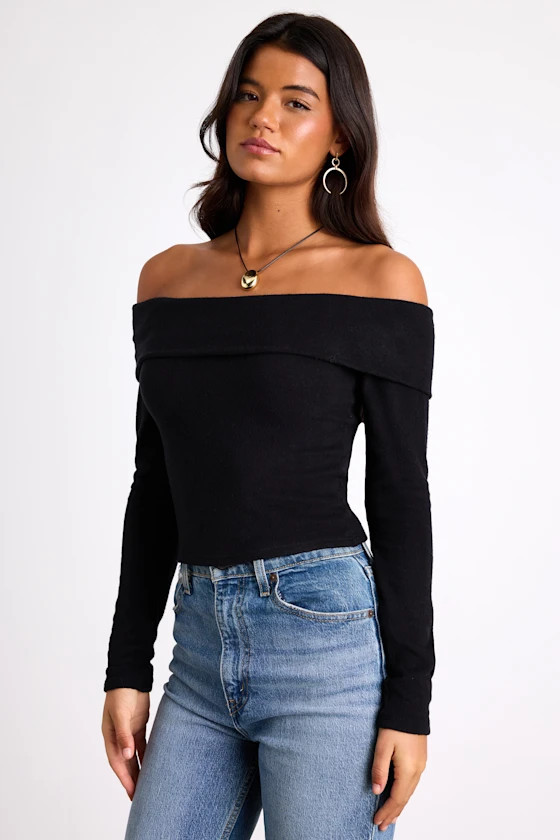 Sabriel Black Off-the-Shoulder Long Sleeve Top | Lulus