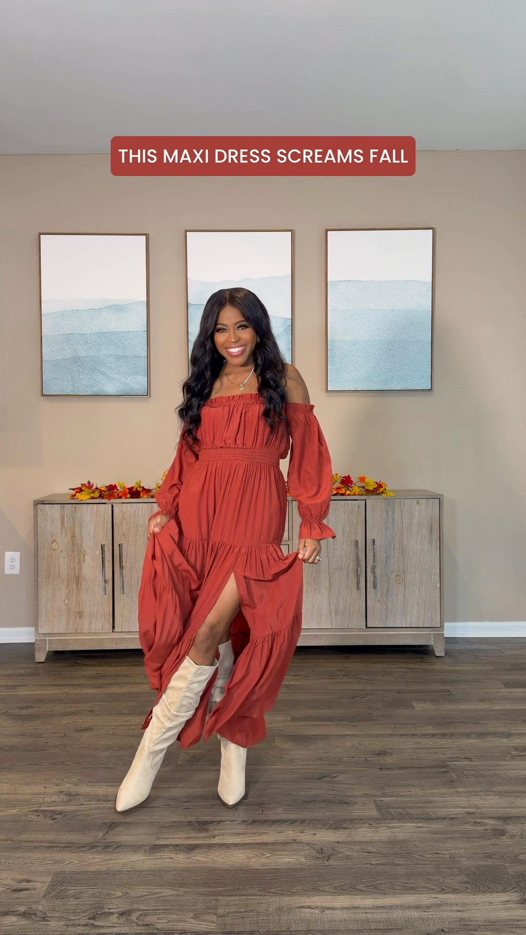 Absolutely obsessed over this dress!! I am 5’4” wearing a size small. 



Thanksgiving outfit, fall outfit, fall style, fall dress, off the shoulder dress, fall maxi dress, tall boots