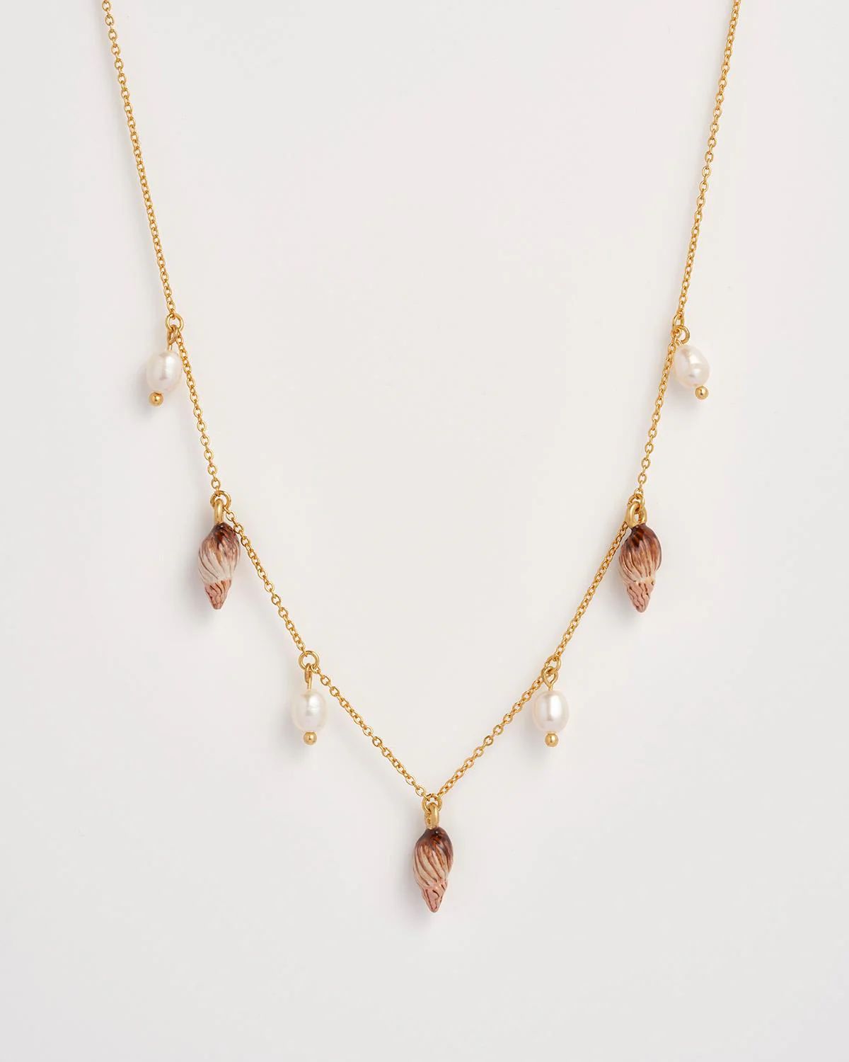 Spiral Shell Charm & Pearl Worn Gold Necklace | Fable England