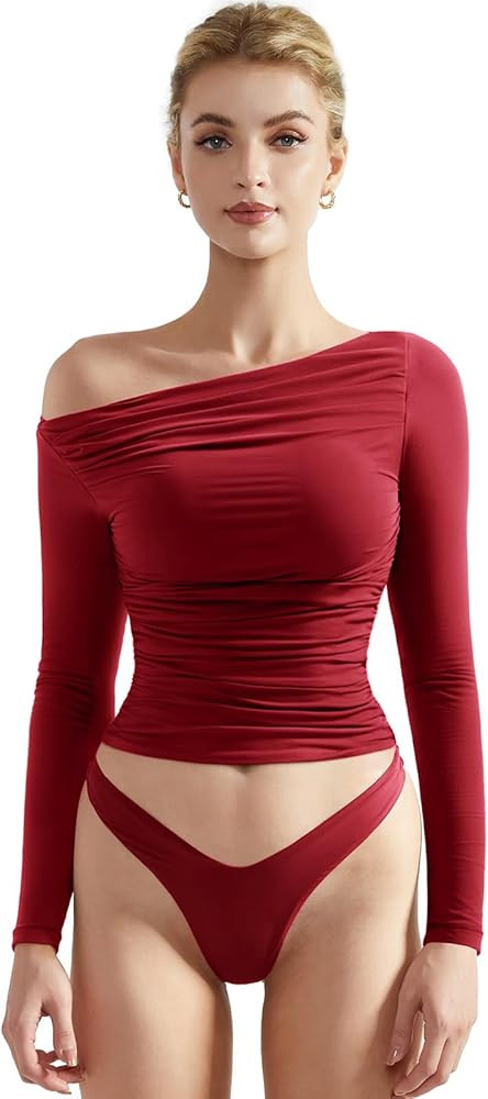 SUUKSESS Women Off Shoulder Long Sleeve Shirts Double Lined Fitted Crop Tops | Amazon (US)