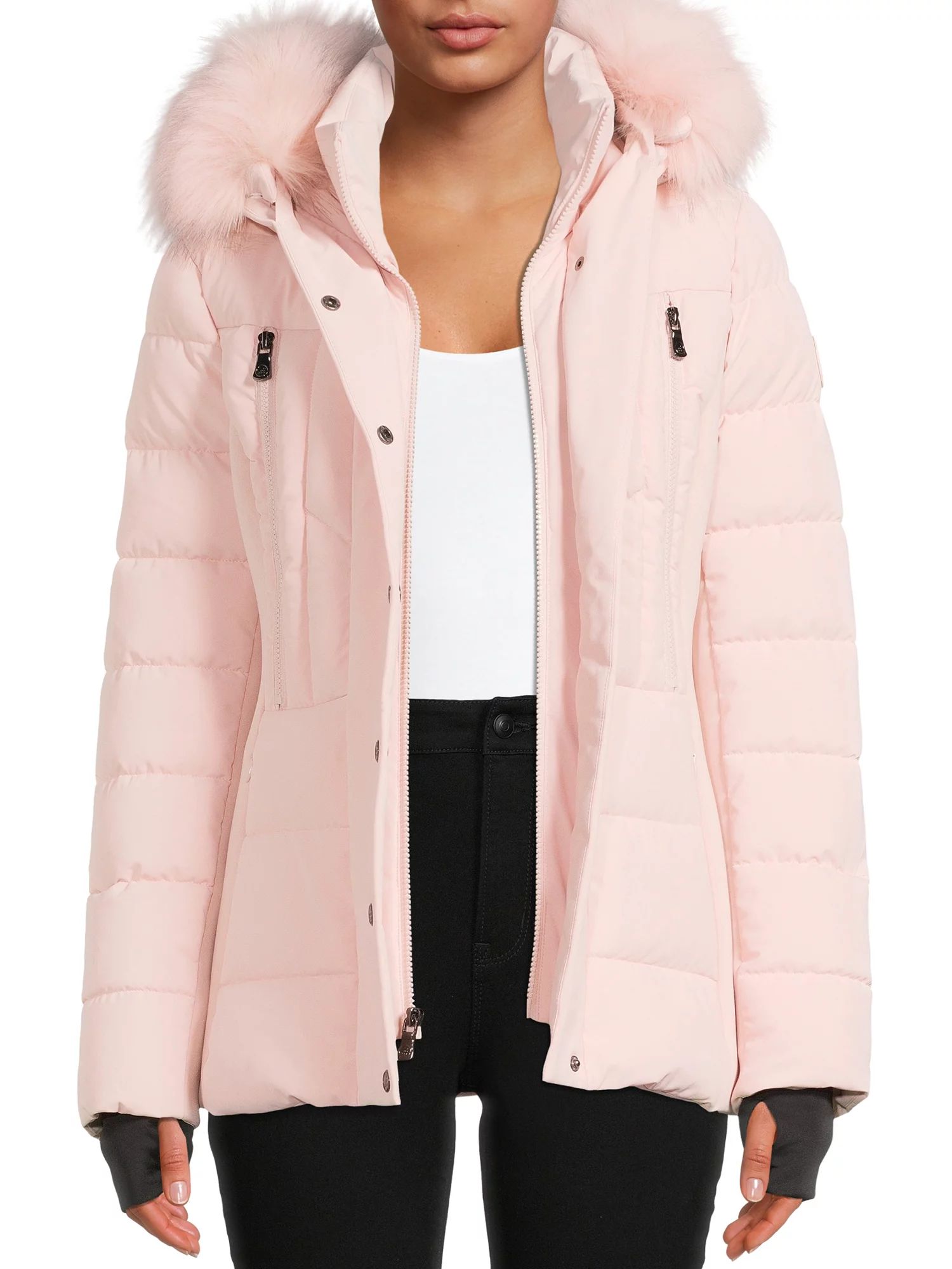 F.O.G. Women's Short Puffer Coat with Faux Fur Hood - Walmart.com | Walmart (US)