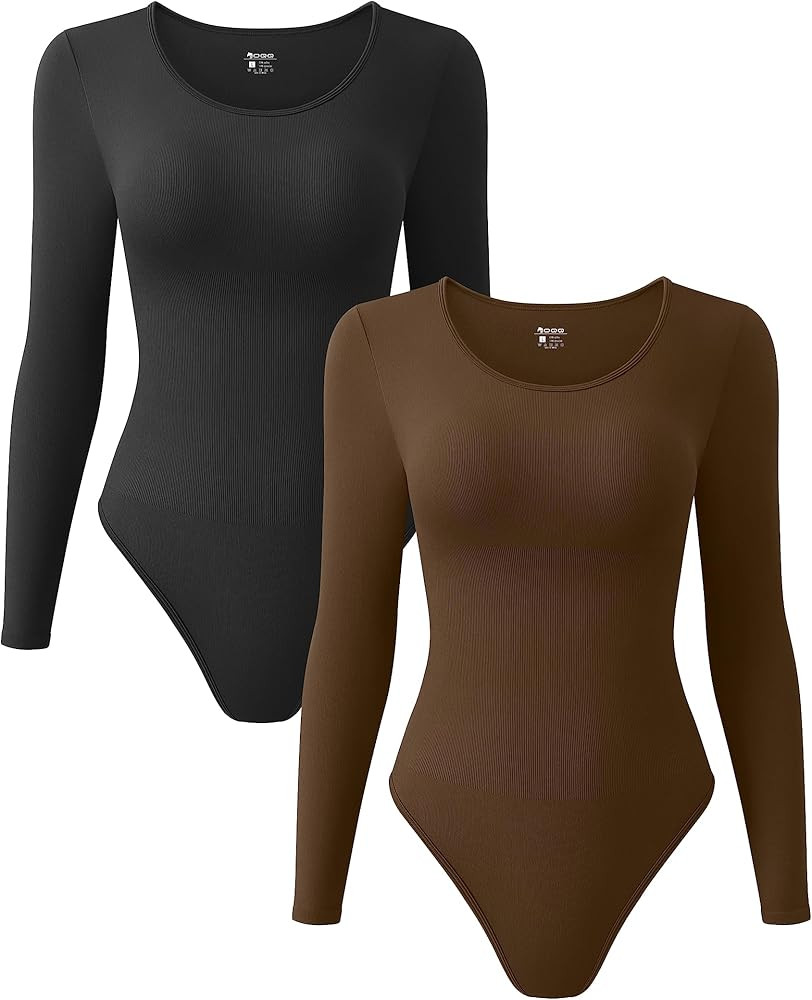 OQQ Women's 2 Piece Bodysuits Sexy Ribbed One Piece Crewneck Long Sleeve Bodysuit | Amazon (US)