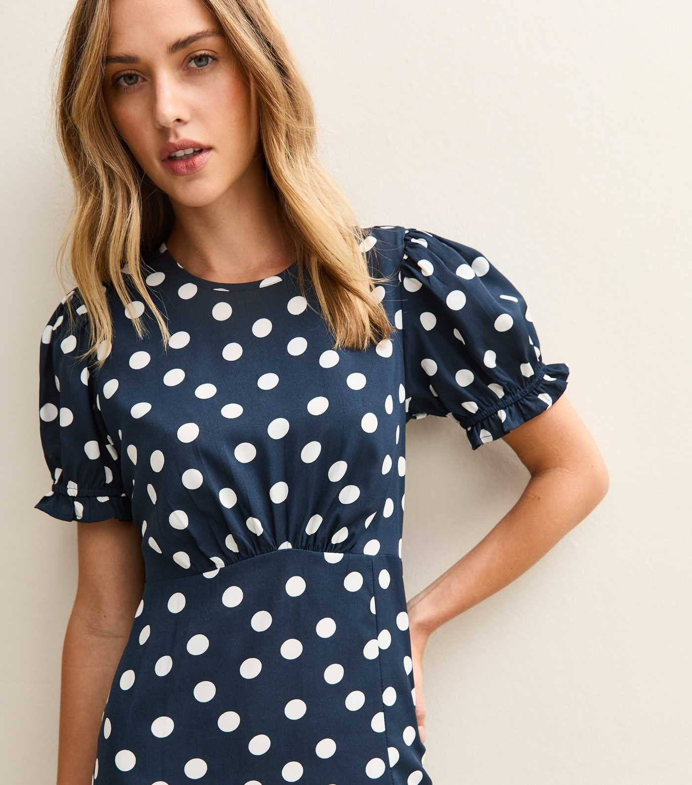 Navy Polka Dot Puff Sleeve Midi Dress | New Look | New Look (UK)