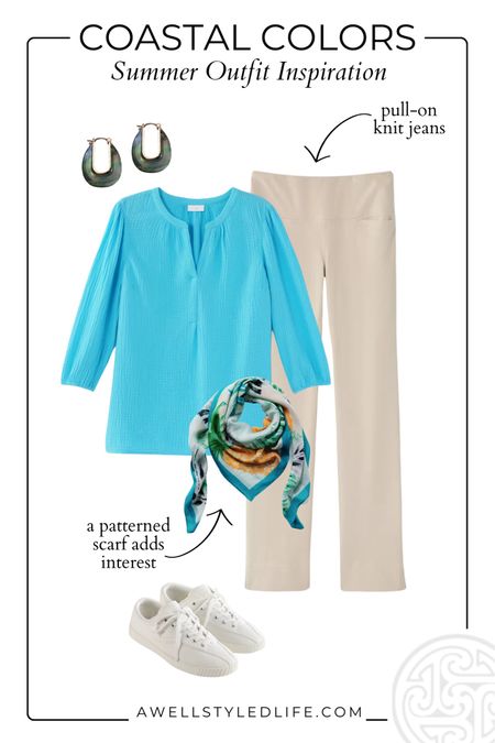 Summer Outfit Inspiration	

Coastal colors for summer, all pieces are from J. Jill.

#fashion #fashionover50 #fashionover60 #summerfashion #summeroutfit #jjill #coastalcolors #pullonjeans #pullondenim #summerscarf

#LTKStyleTip #LTKSeasonal #LTKOver40
