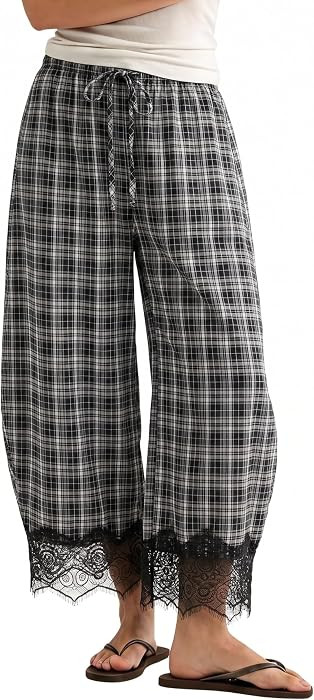 Womens Plaid Lace Hem Balloon Pants Gingham Wide Leg Harem Pant | Amazon (US)