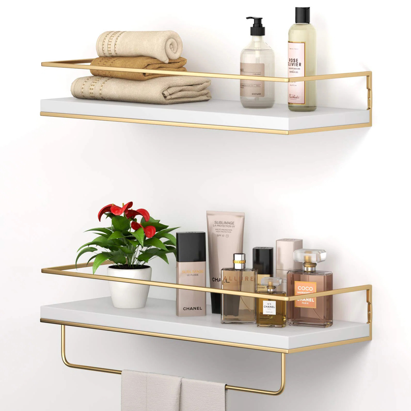White Floating Shelves - Set Of 2, Wall Mounted Hanging Shelves With Golden Towel Rack, Decorativ... | Wayfair North America