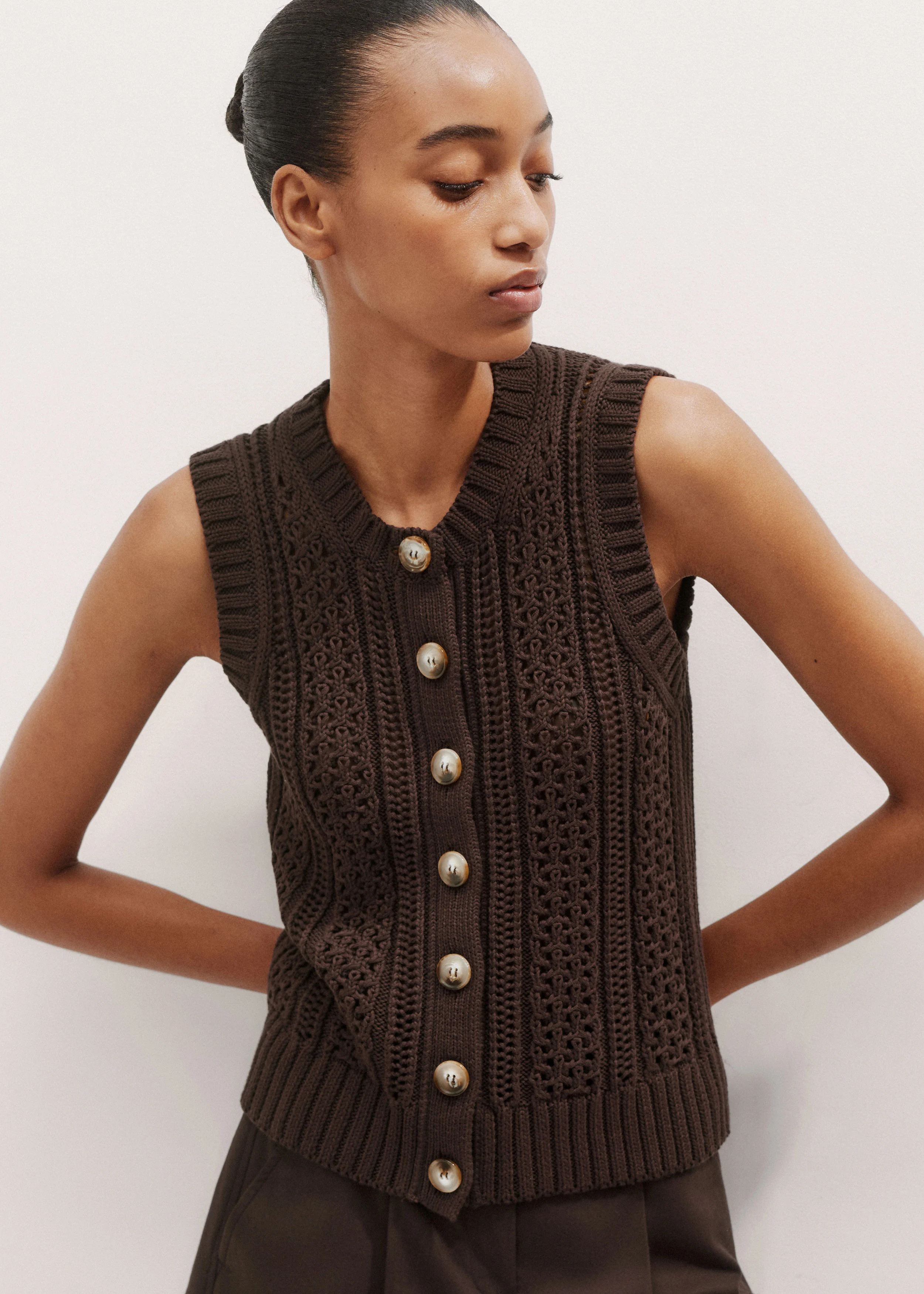 Women's Brown Cotton Open Stitch Vest | ME+Em | ME+EM Global (Excluding US)