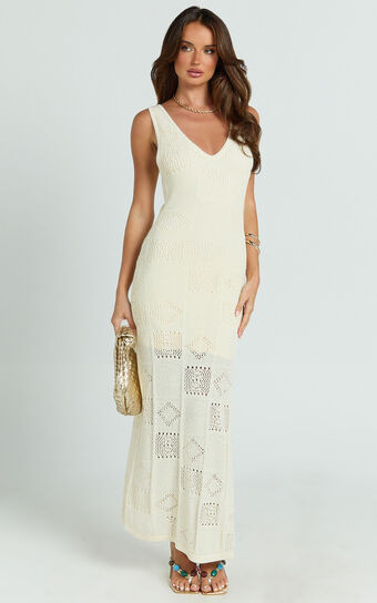 Taylor Maxi Dress - Crochet Knit Scoop Neck Dress in Cream | Showpo (US, UK & Europe)