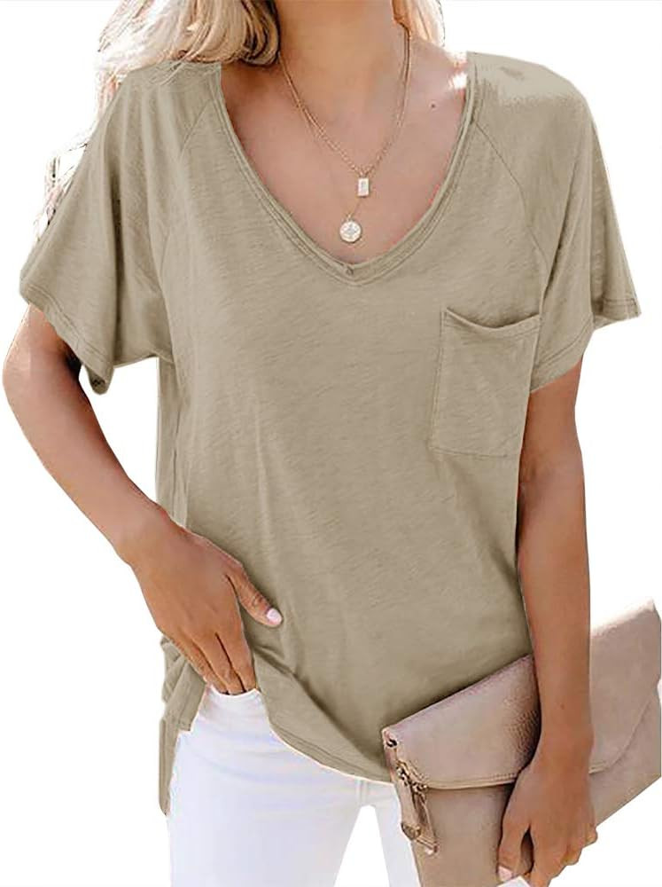 Womens Short Sleeve T Shirt Basic Tee Tops V Neck Loose Summer Shirts with Pocket Side Split | Amazon (US)