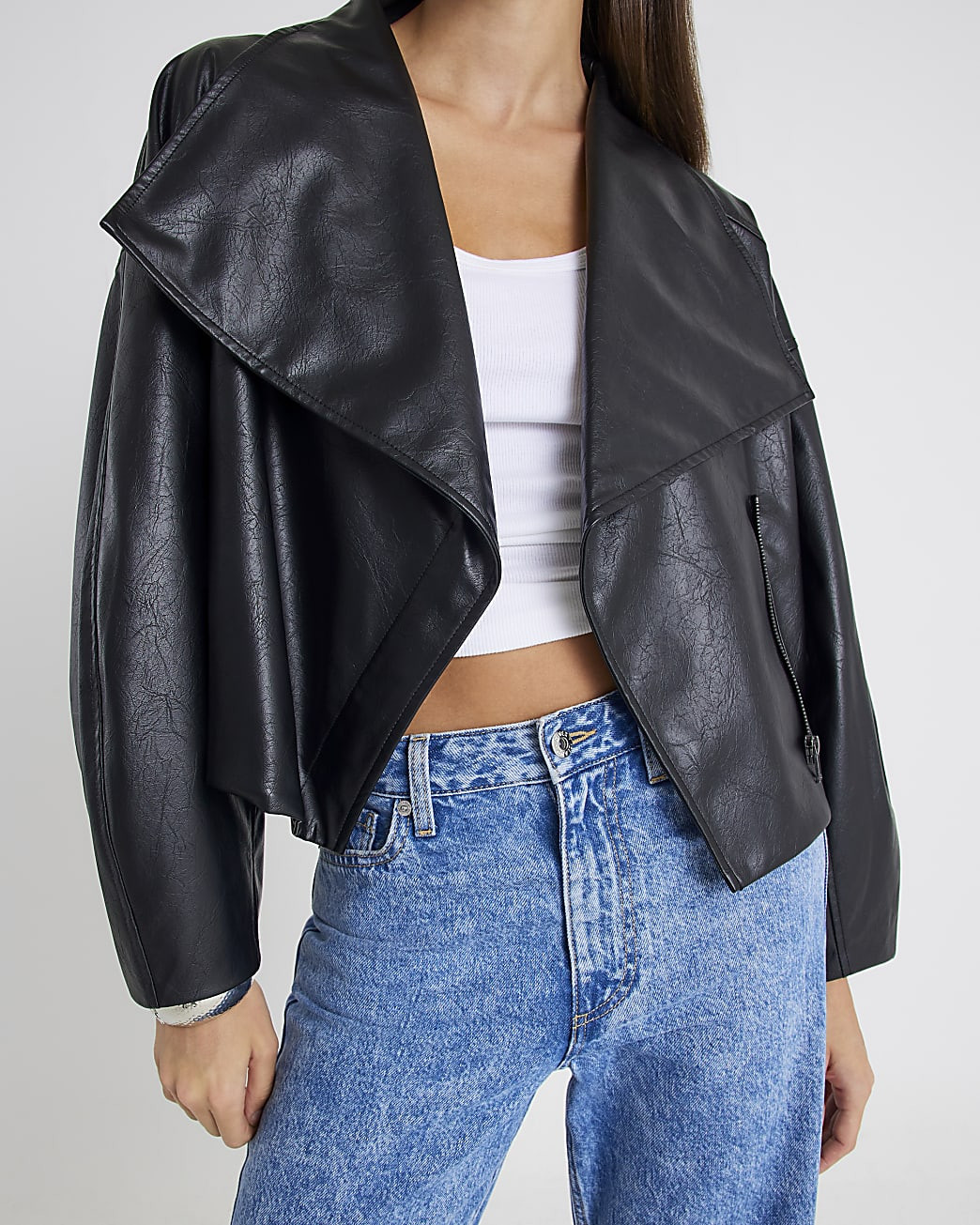 Black Faux Leather Waterfall Collared Jacket | River Island UK & IE