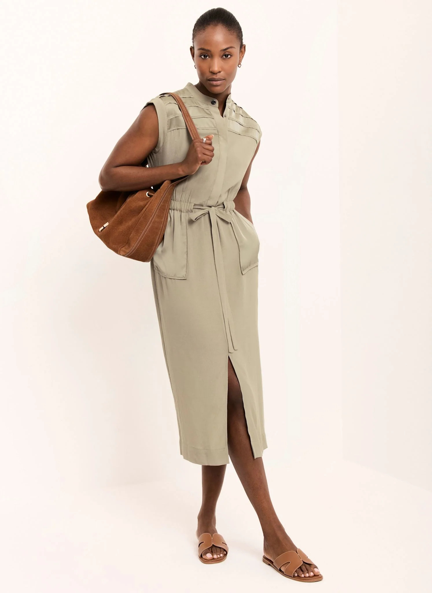 Khaki Satin Utility Midi Dress | Mint Velvet