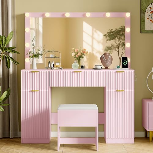 Vanity Desk with Large 42" Mirror and Lights, Pink Fluted Makeup Table Set with Storage Drawers, Power Outlet & Stool, 3 Lighting Modes & Adjustable Brightness, Dressing Table for Women Girls Bedroom | Amazon (US)